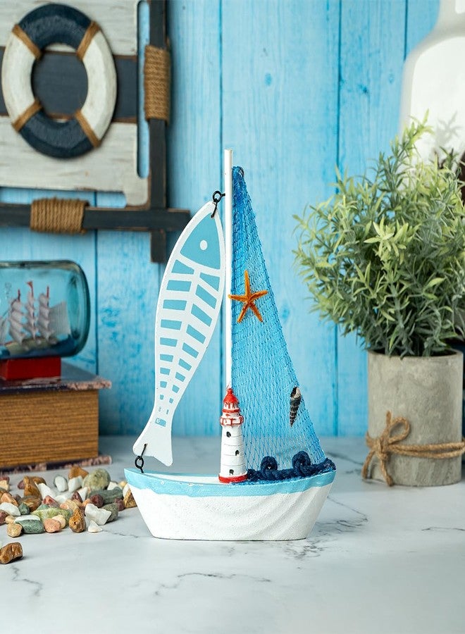 EAZYWAGON Wooden Decorative Sailboat Nautical Model Showpiece - 15x4x22 cm | Miniature Sailing Boat Showpiece for Home Decor, Living Room, Office & Table Desk Decoration | Light Blue Border-Big Fish - Image 4